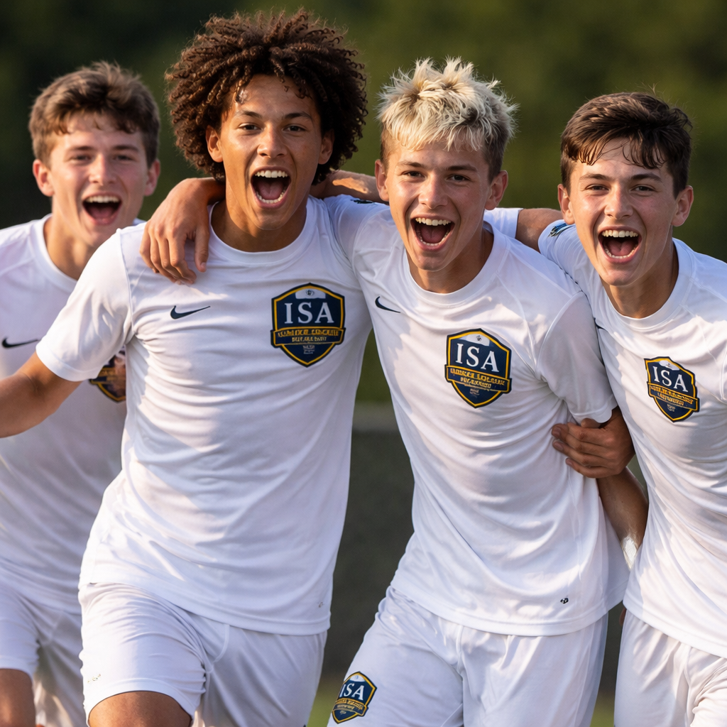 Soccer squad celebration at sunset